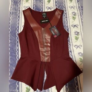 Her Universe Burgundy Peplum Faux-Leather Panel Sleeveless Top